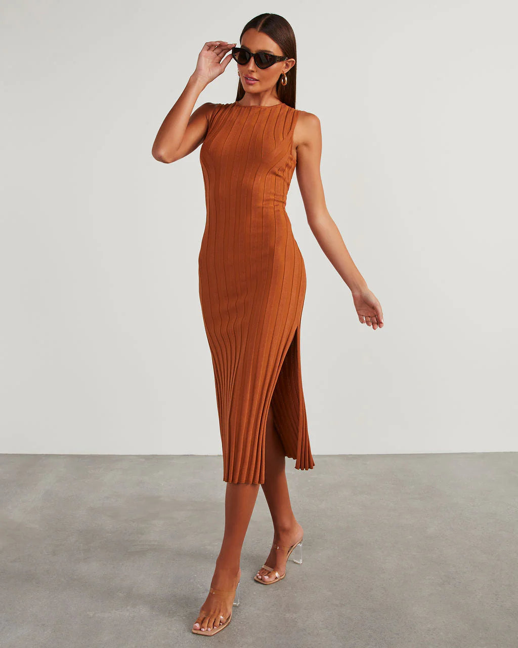 Huston Sleeveless Pleated Knit Midi Dress