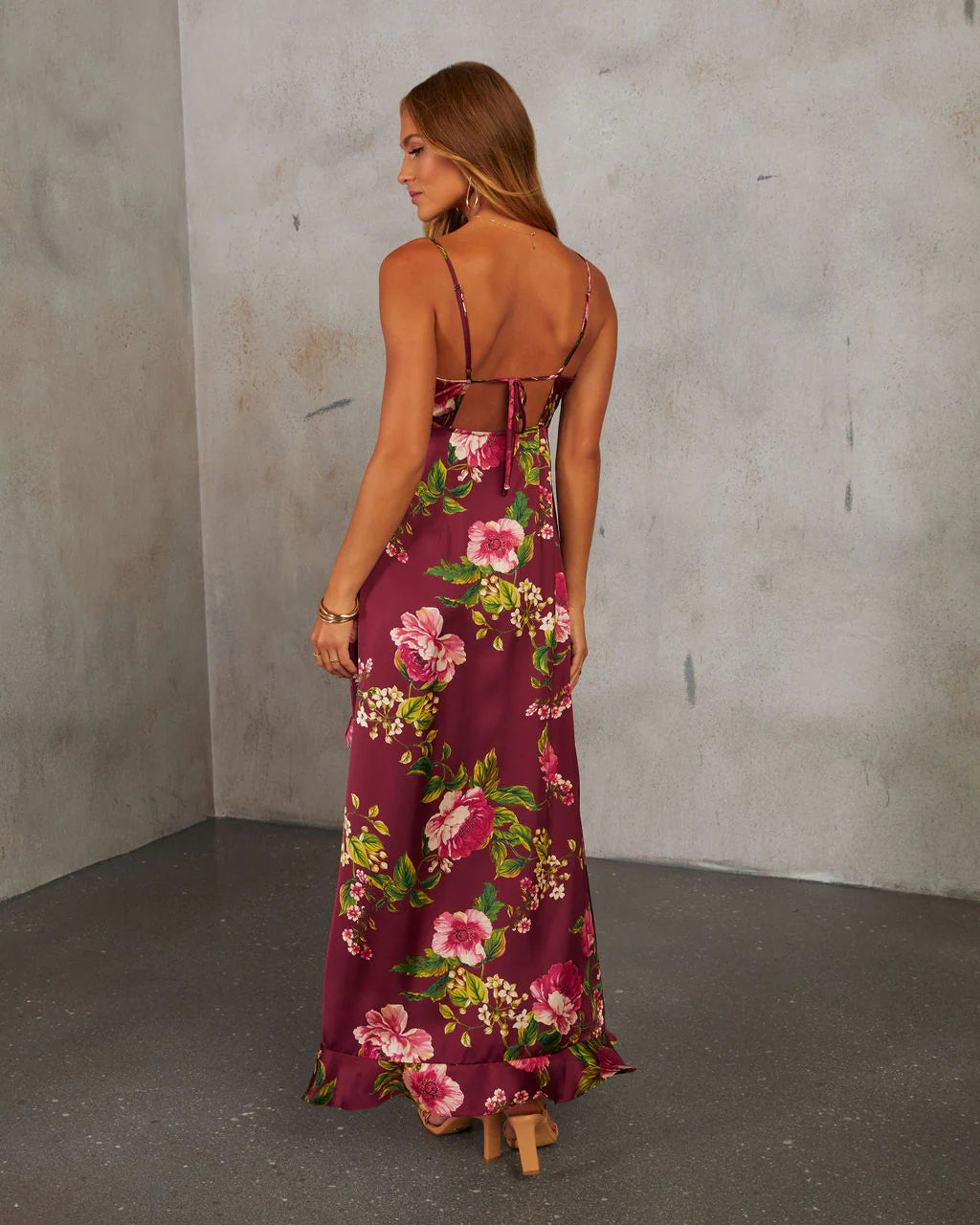 Capriccio Satin Floral Ruffle Maxi Dress