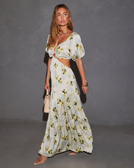 Cambria Satin Floral Puff Sleeve Maxi Dress