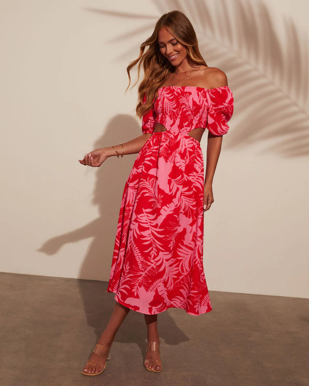 Kalena Tropical Print Cutout Smocked Midi Dress