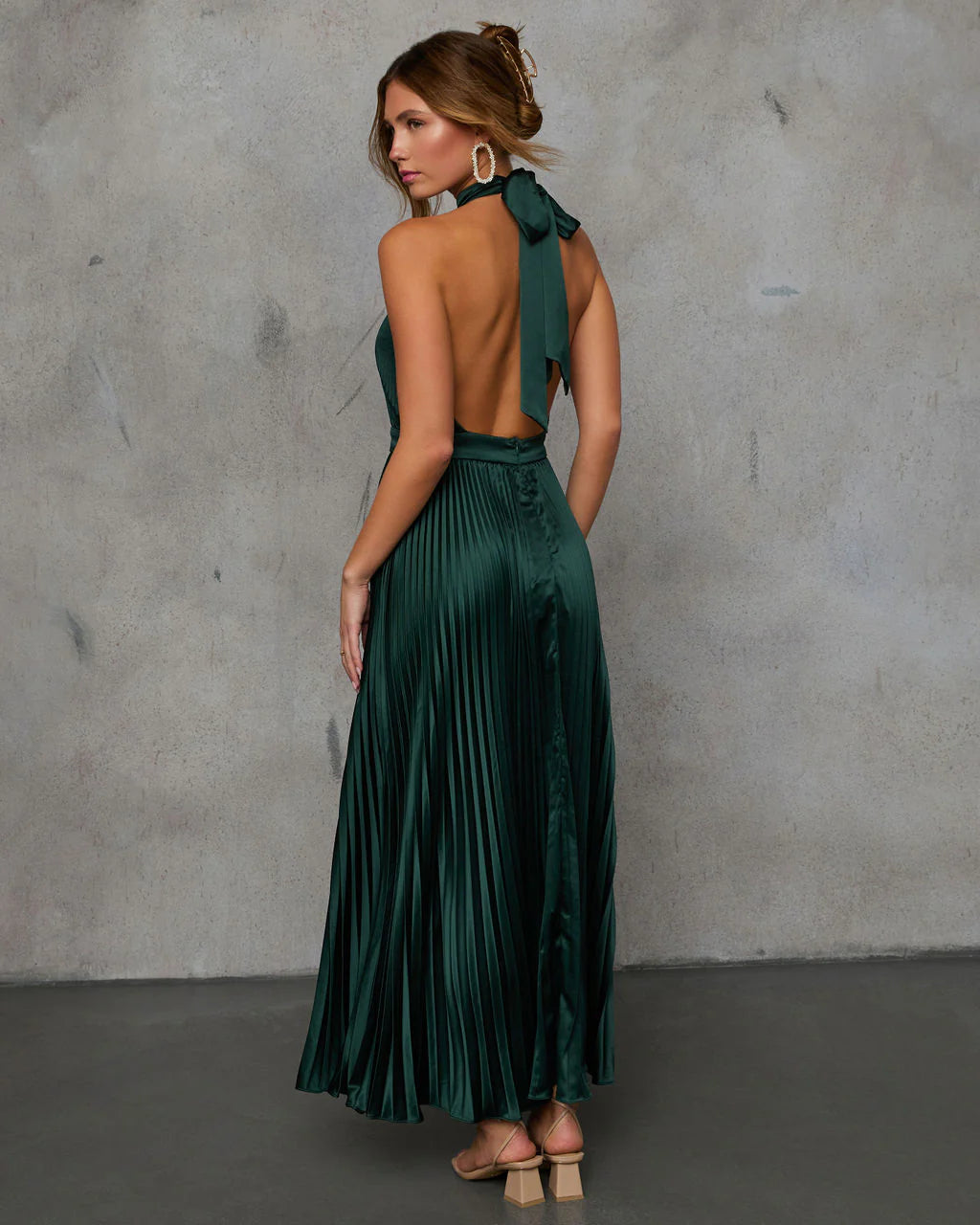 Mariena Halter Neck Pleated Satin Maxi Dress