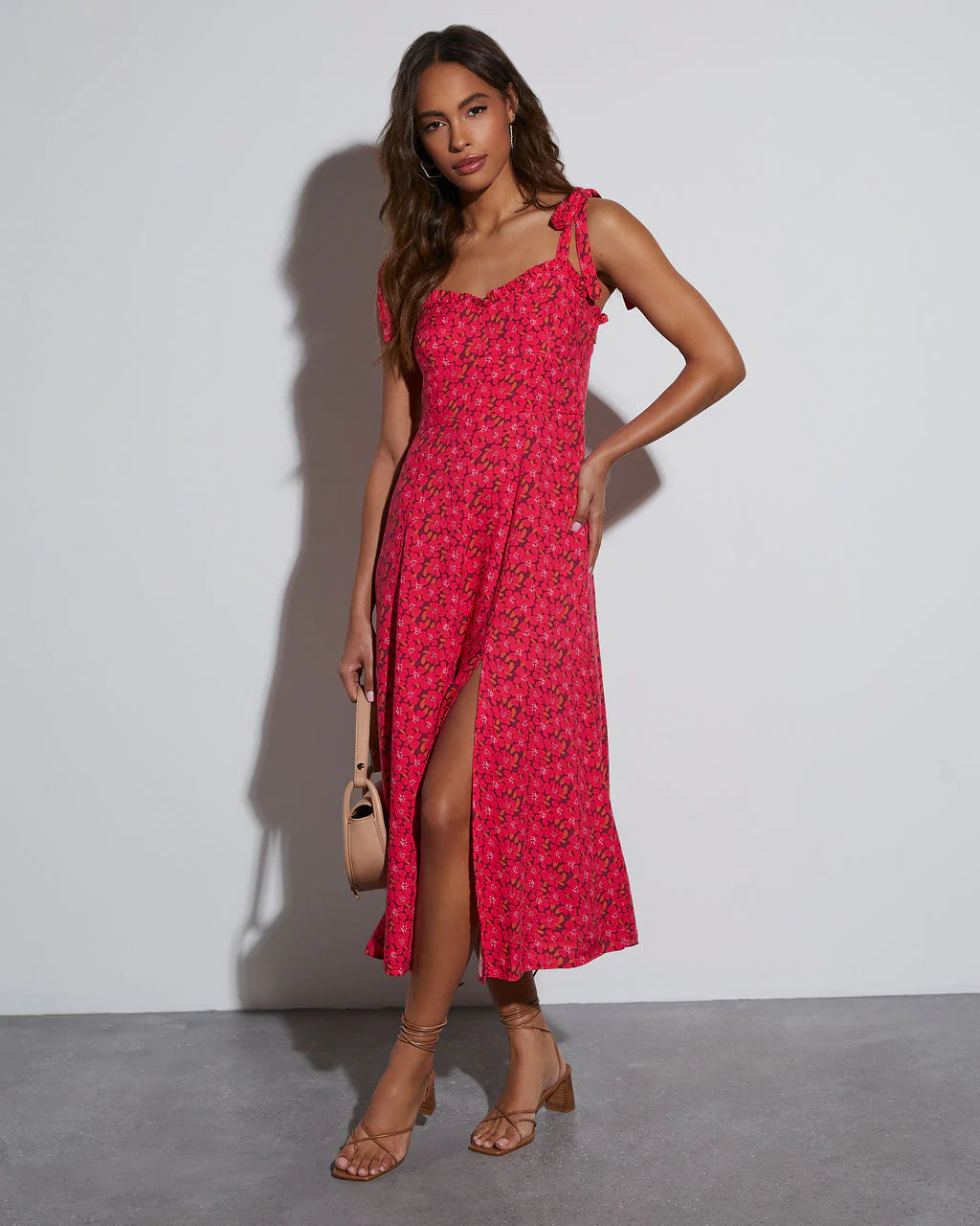 Riko Floral Shoulder Tie Midi Dress