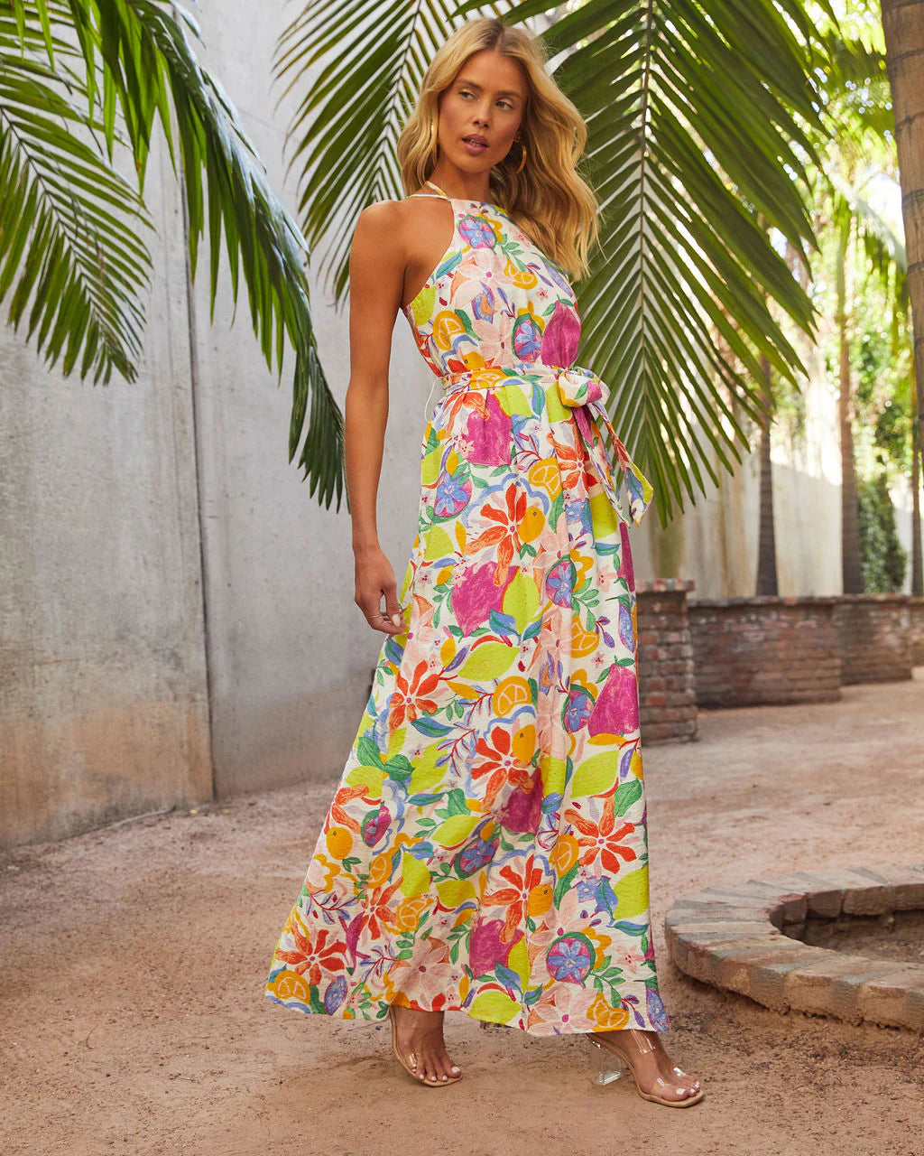 Belize Printed Satin Low Back Tie Waist Maxi Dress