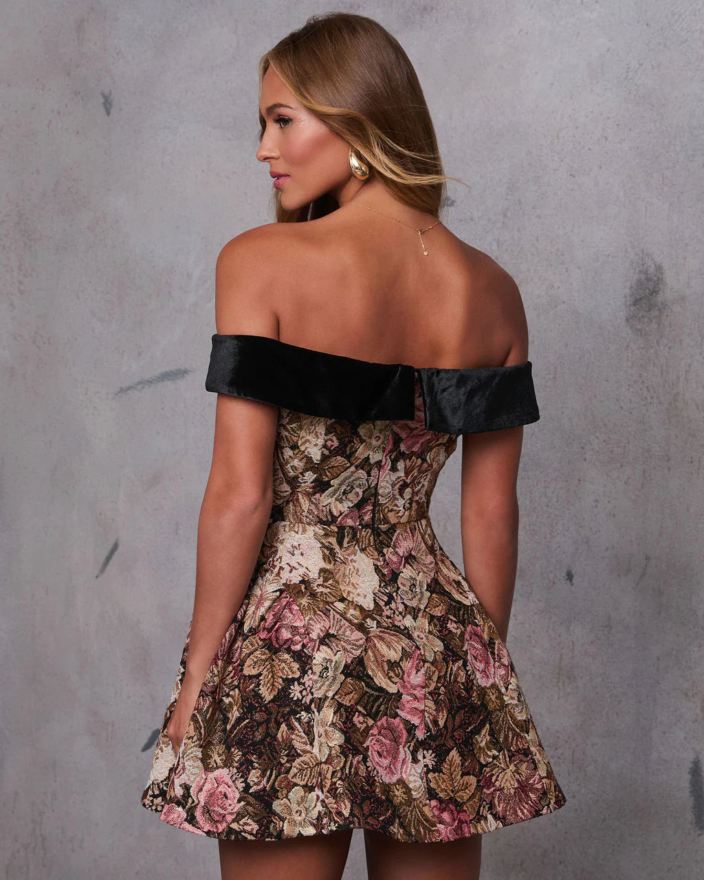 Capture This Off Shoulder Fit And Flare Brocade Mini Dress