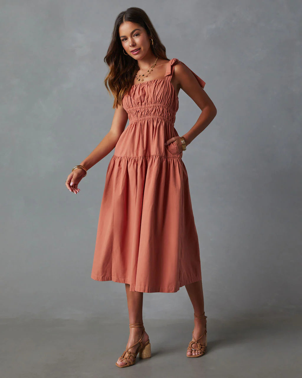 Briella Tie Shoulder Tiered Midi Dress