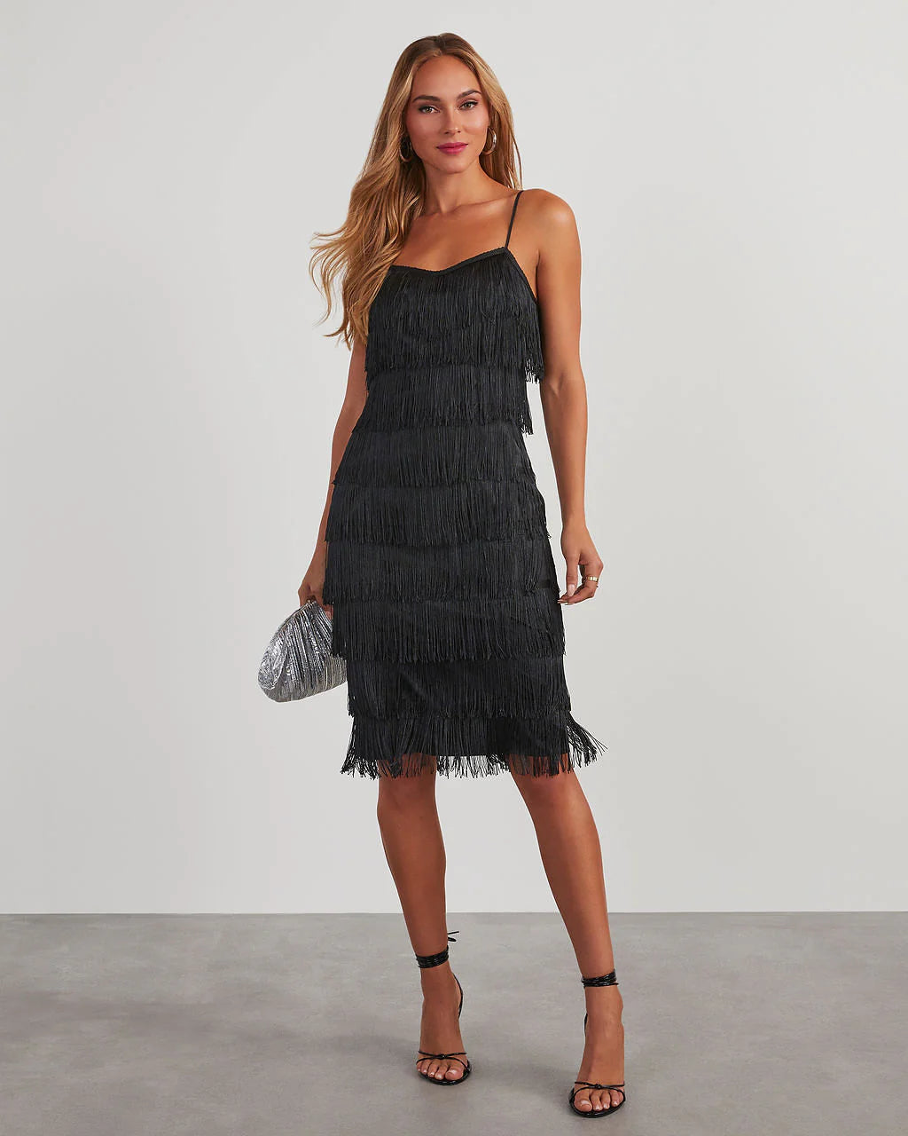 Speakeasy Tiered Fringe Midi Dress