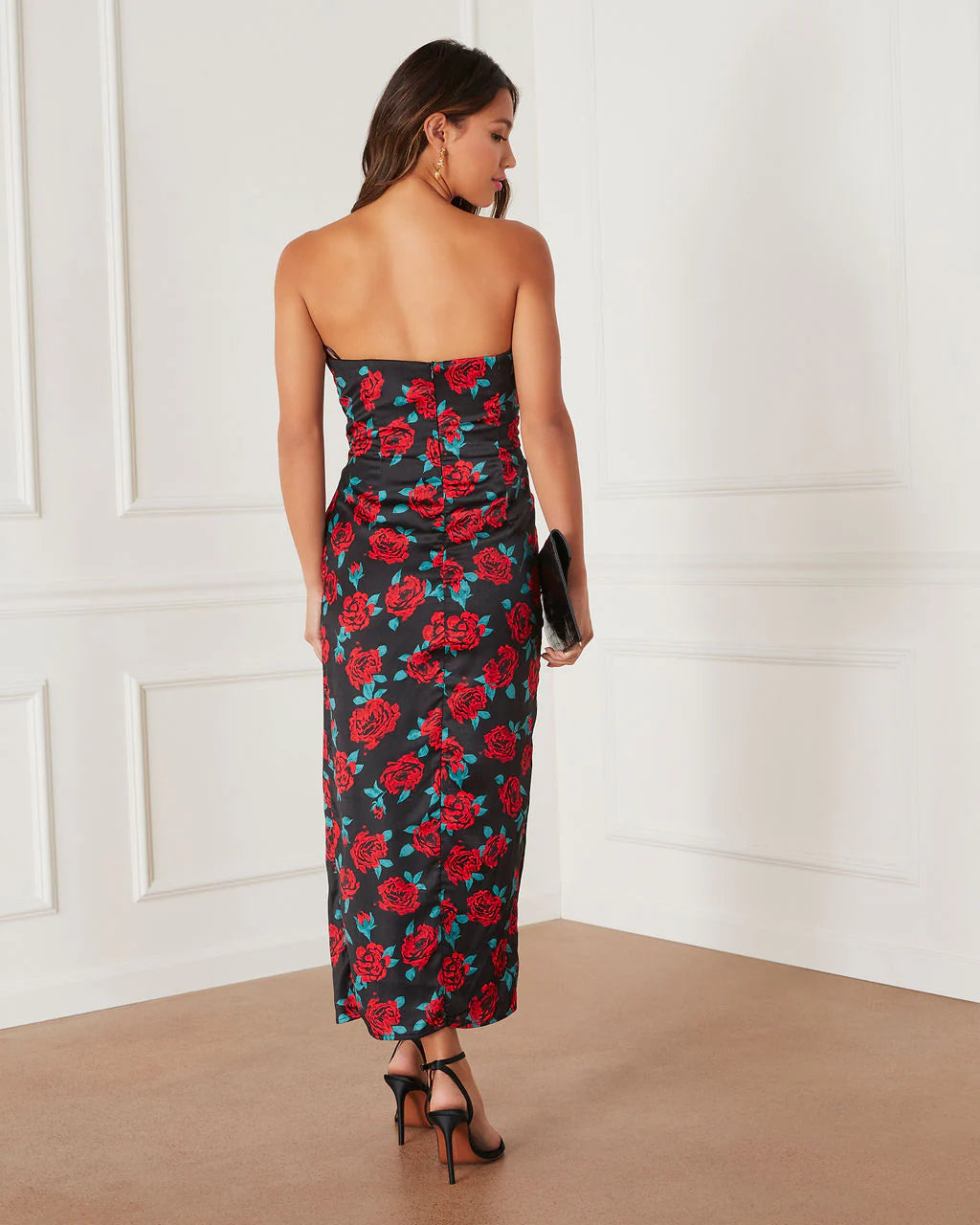 Lovestruck Satin Strapless Floral Midi Dress