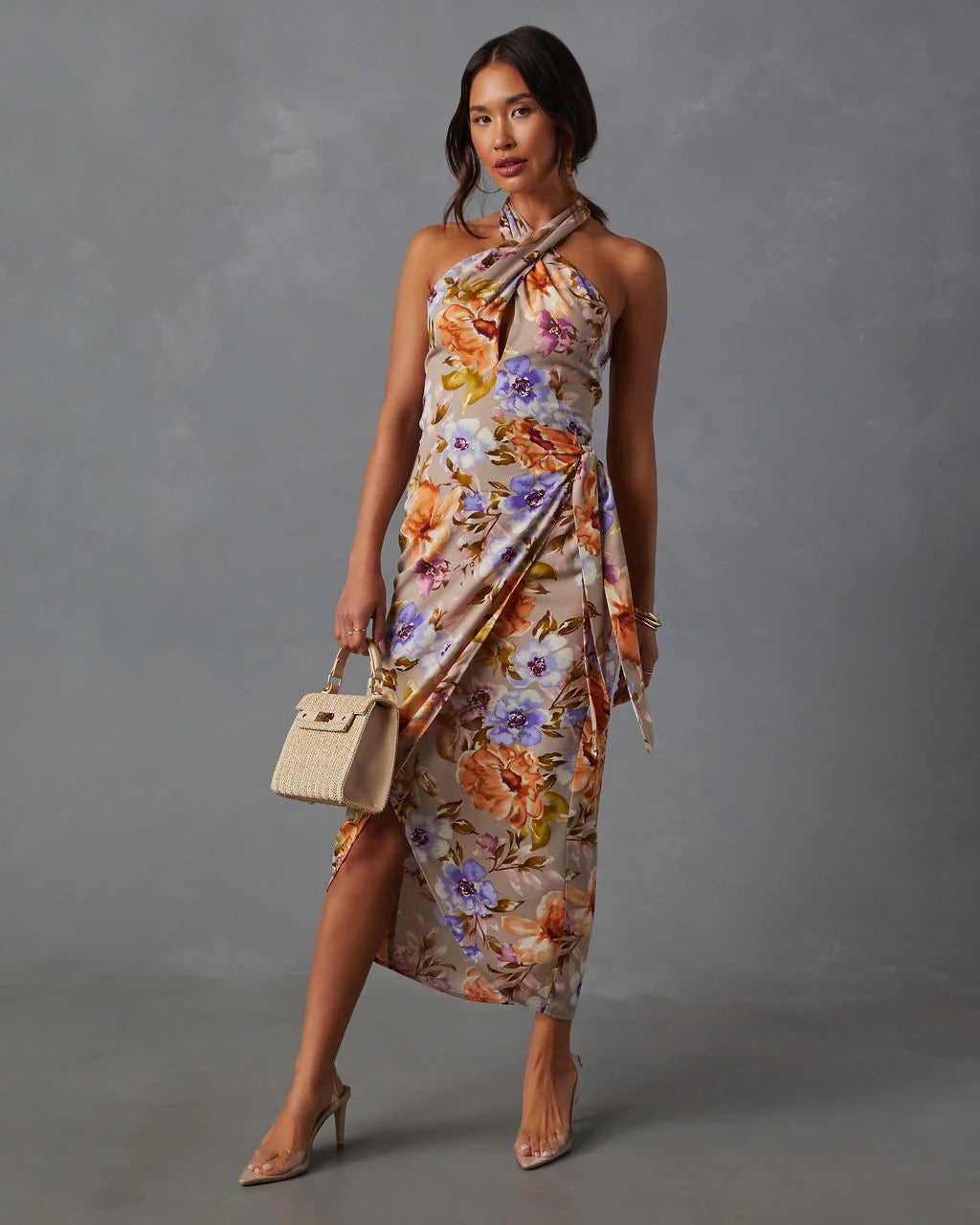 Floral Beauty Twist Front Halter Midi Dress