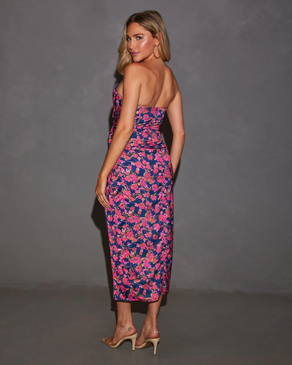 Lovestruck Satin Strapless Floral Midi Dress