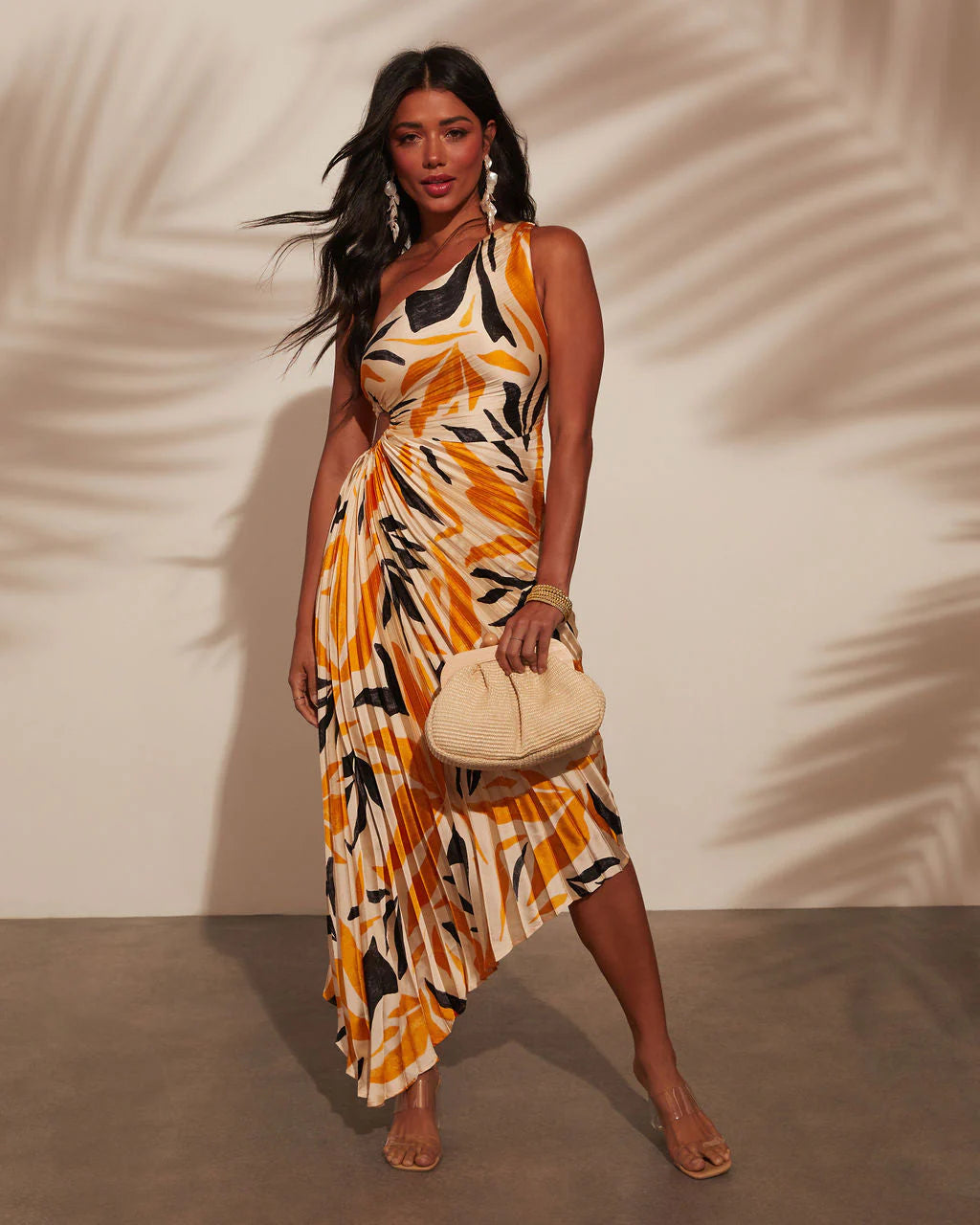 Modern Day Glam Printed One Shoulder Asymmetrical Maxi Dress