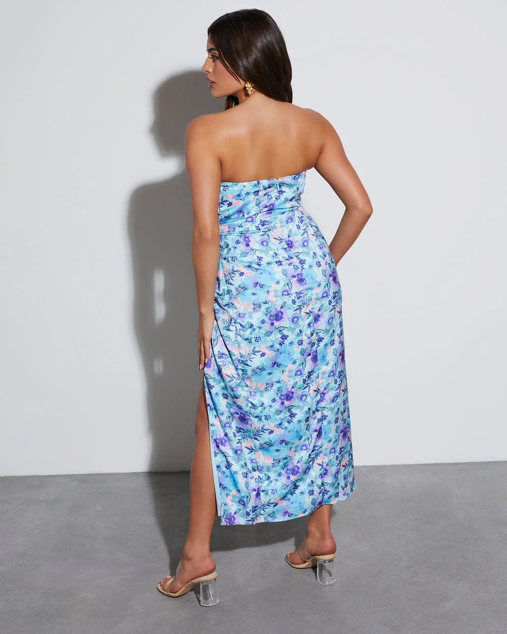 Lovestruck Satin Strapless Floral Midi Dress