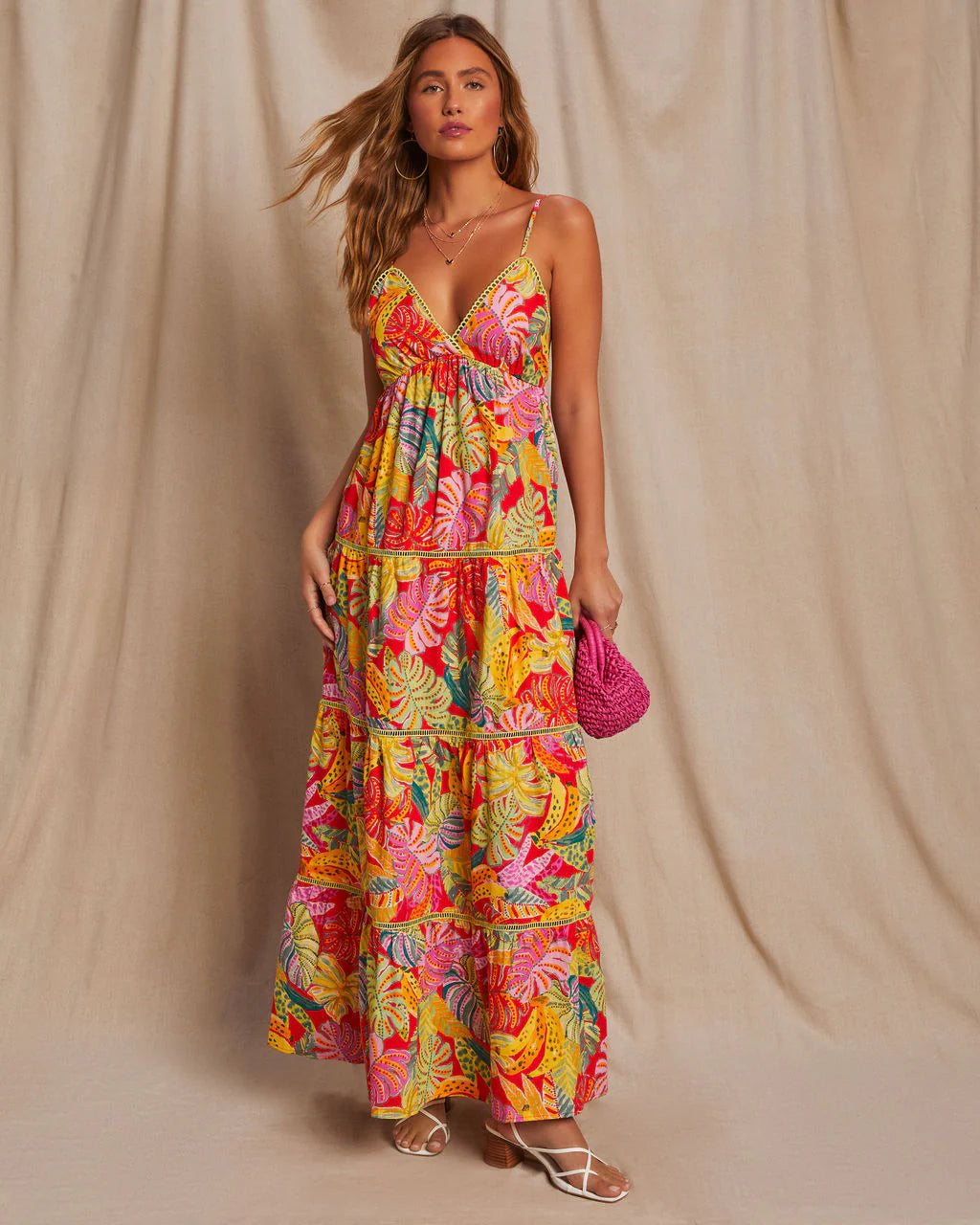 Fiji Tropical Tiered Lattice Trim Maxi Dress