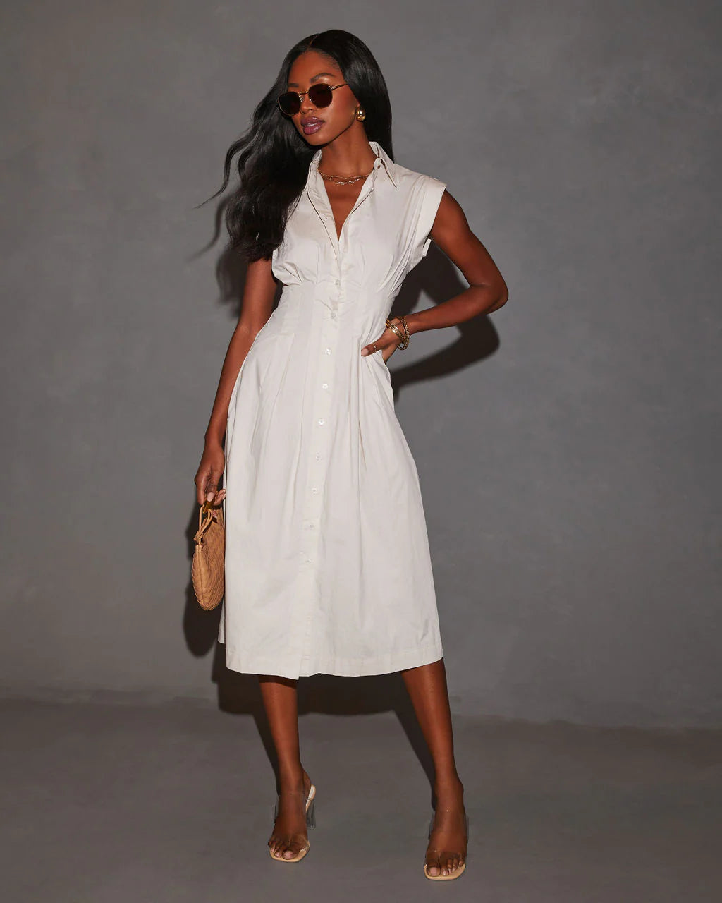 Rora Fitted Waist Midi Shirt Dress