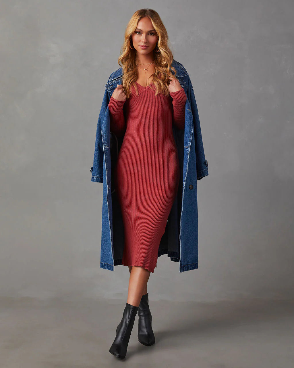 Fireside Romance Ribbed V-Neck Sweater Dress