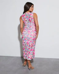 Donna Floral Ruched Sleeveless Midi Dress