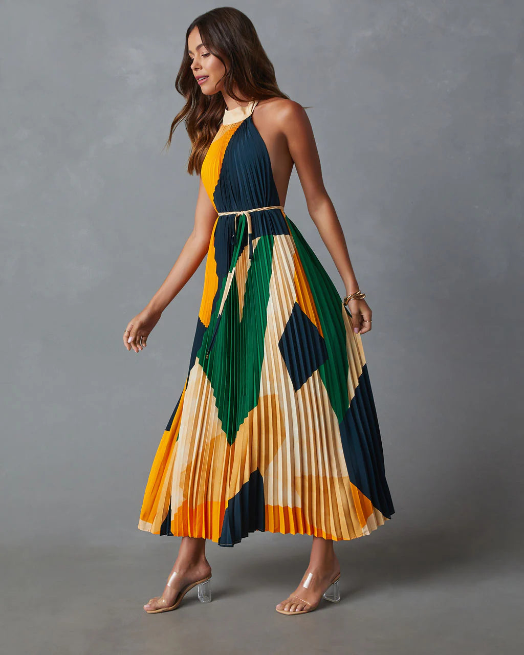 Cheyenne Abstract Pleated Halter Midi Dress