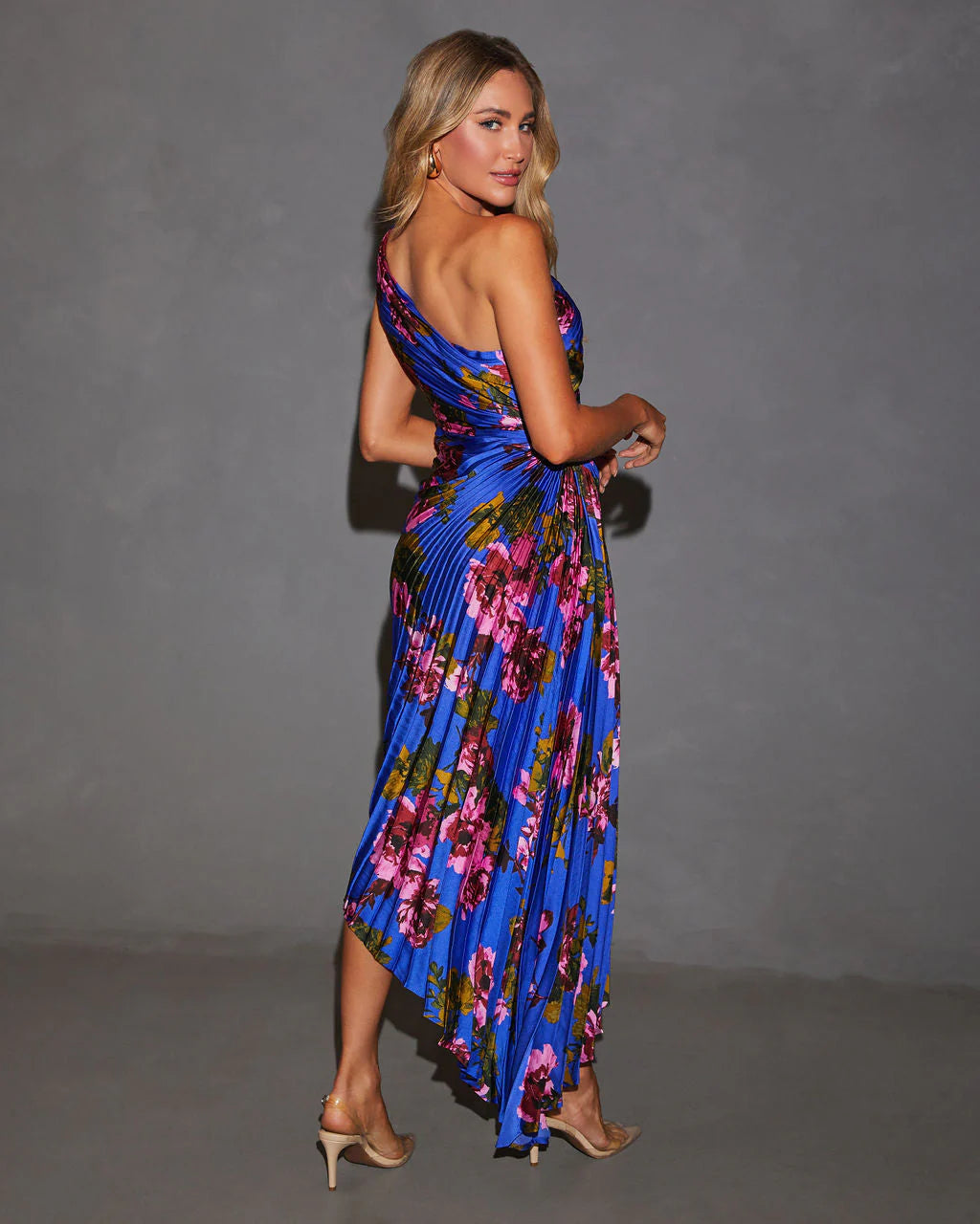 Modern Day Glam Printed One Shoulder Asymmetrical Maxi Dress