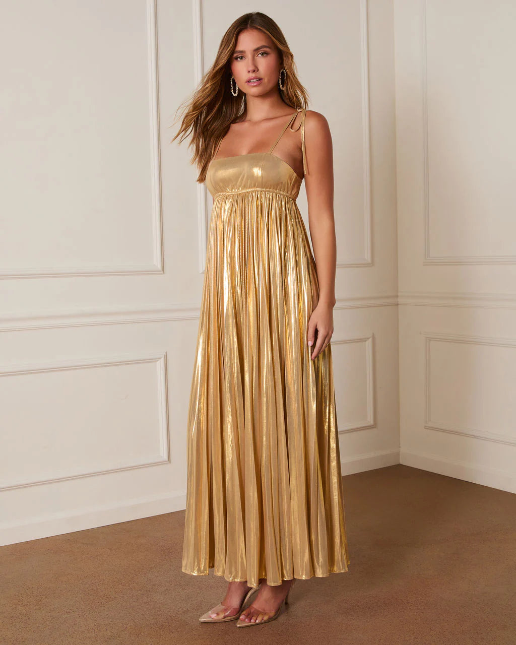 Night Glow Pleated Metallic Maxi Dress