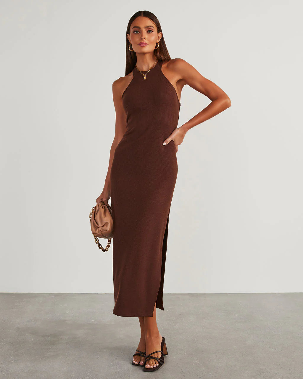 Constancia Ribbed Slit Midi Dress