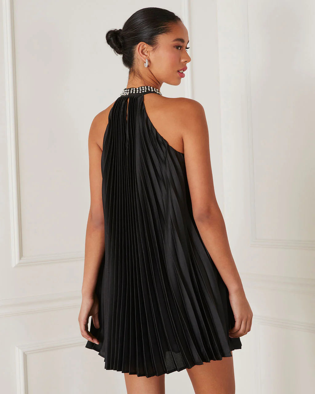 Birdie Pleated Embellished Halter Dress