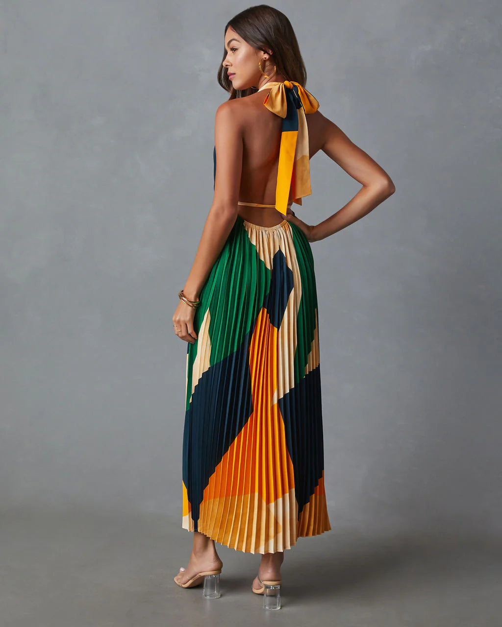 Cheyenne Abstract Pleated Halter Midi Dress