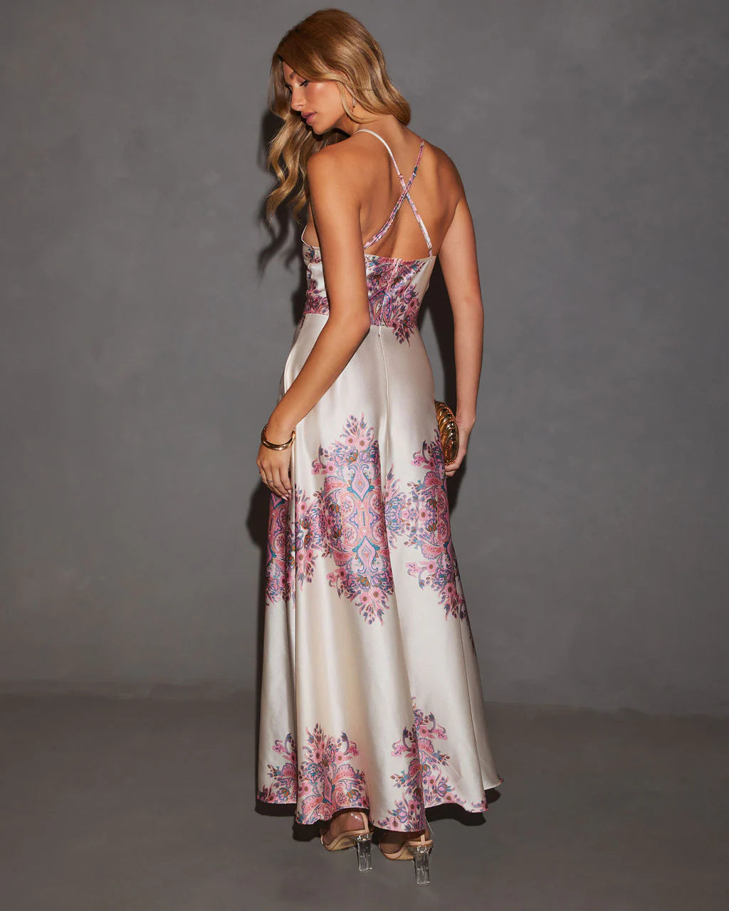 Marianne Satin Halter Printed Maxi Dress