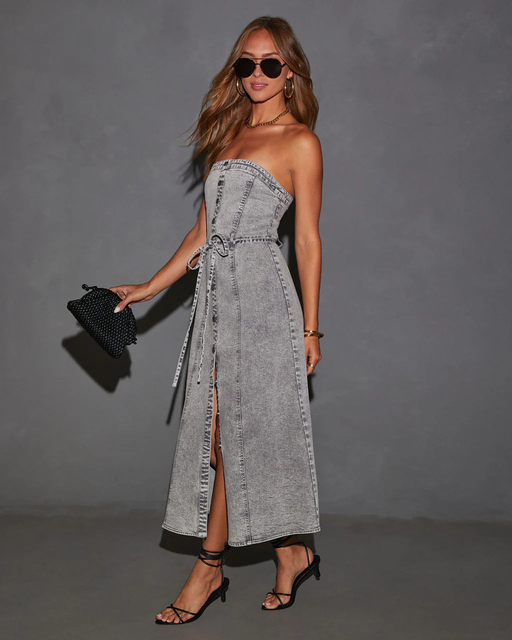 Peggy Button Front Strapless Denim Midi Dress