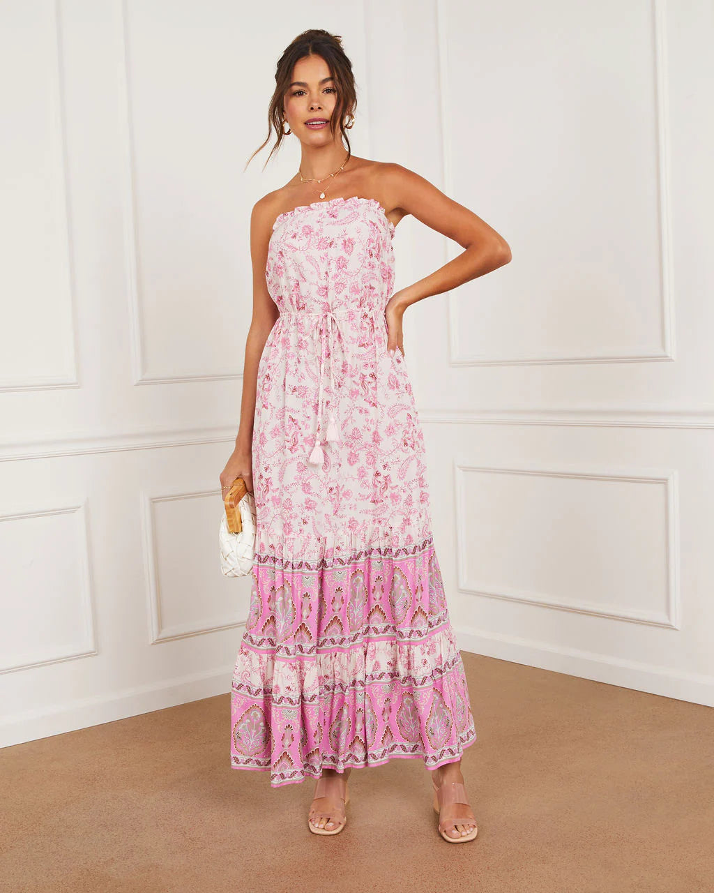 Fia Strapless Border Print Tie Waist Maxi Dress