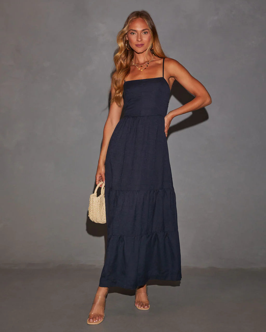 Darlene Linen Tiered Back Cutout Maxi Dress