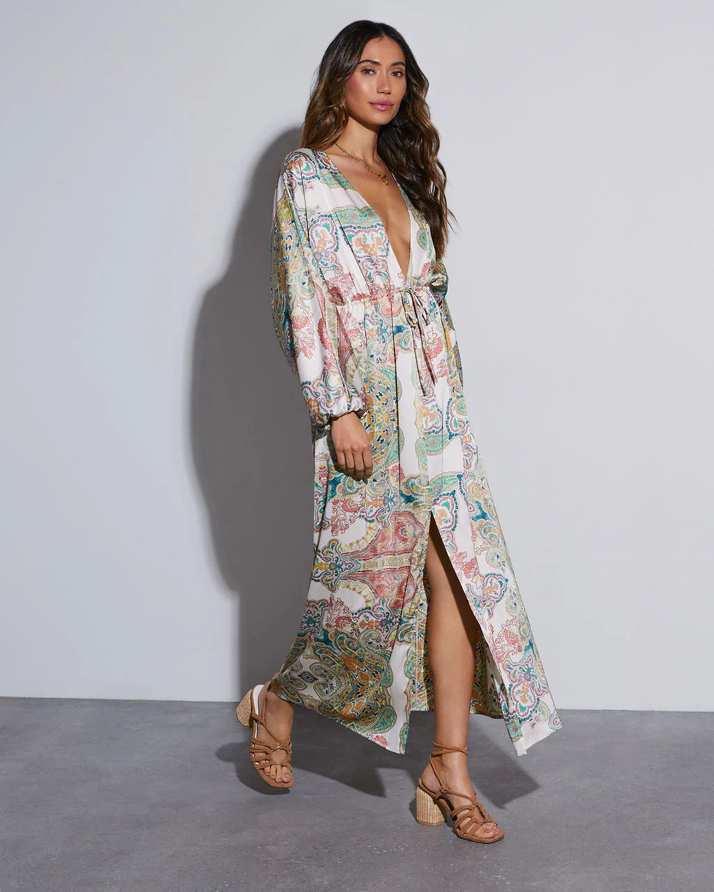 Korina Satin Printed Kimono Empire Waist Maxi Dress