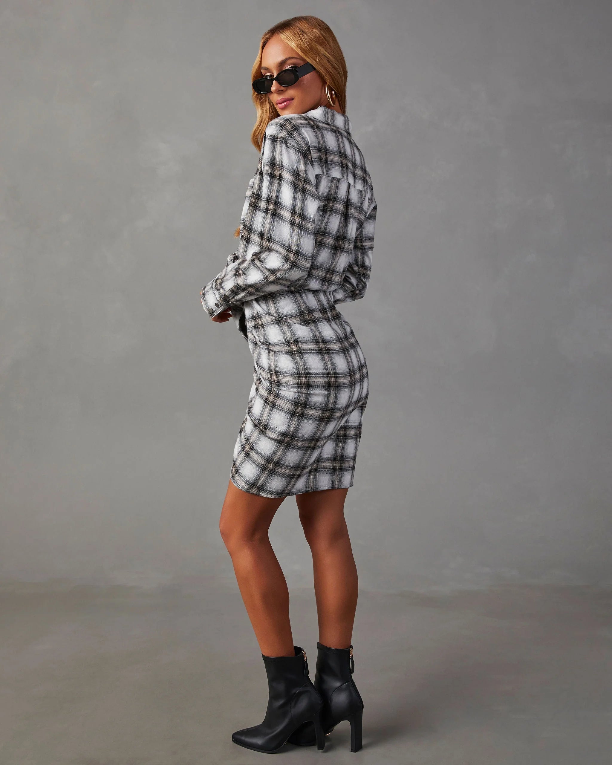 Archie Cotton Ruched Plaid Shirt Dress