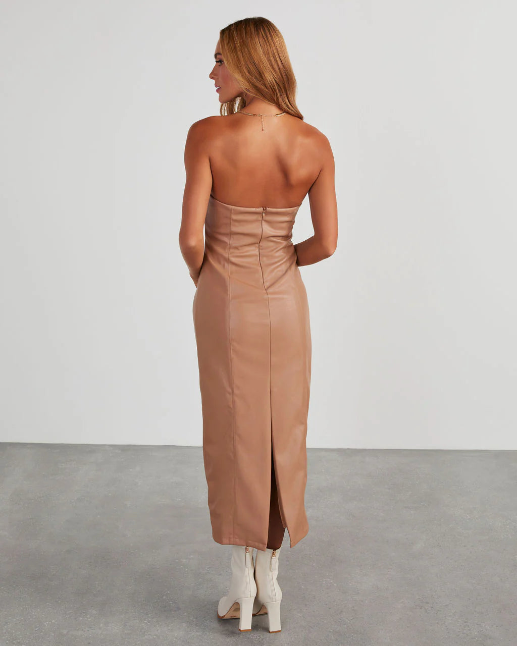 Reeva Strapless Faux Leather Midi Dress