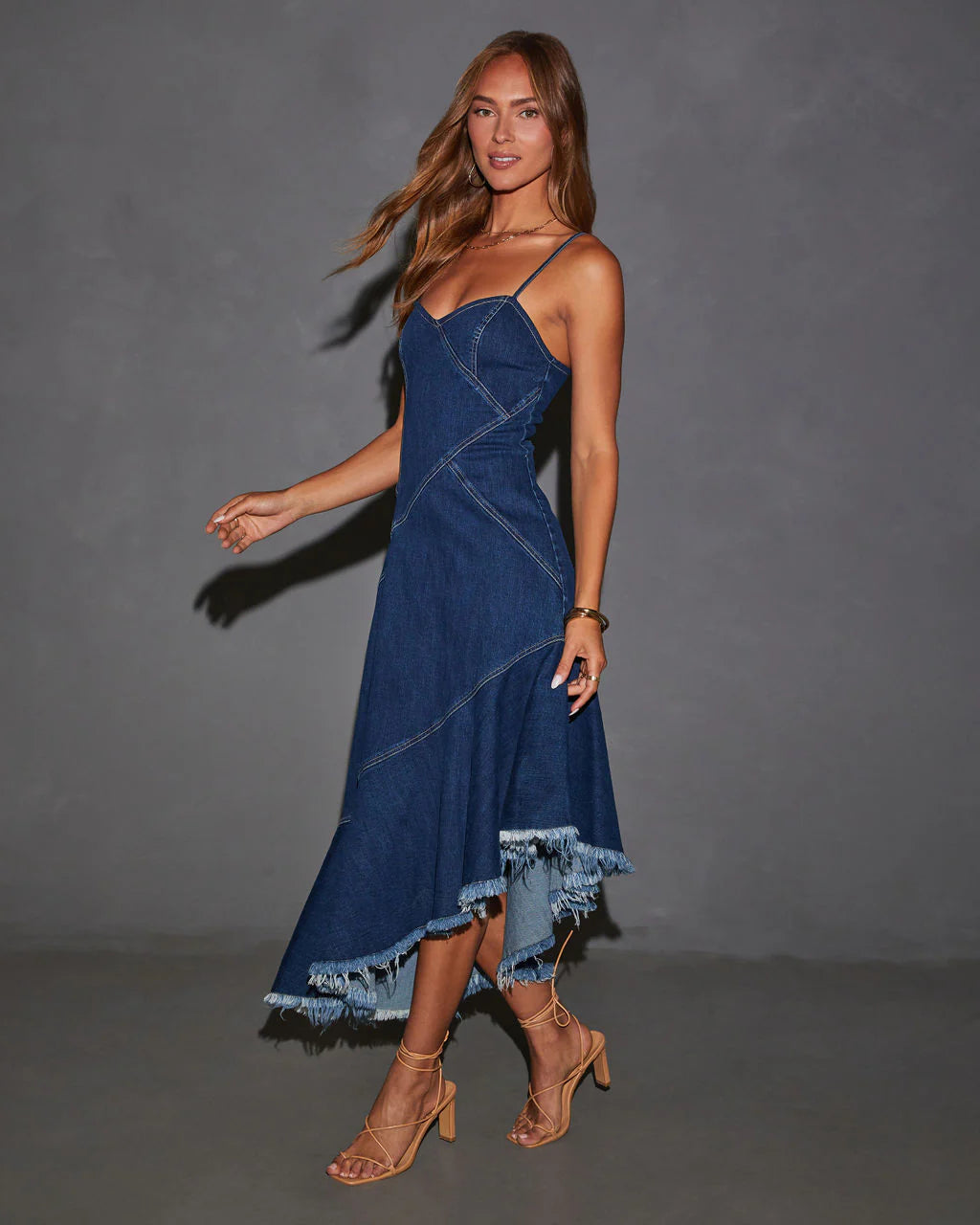 Perry Asymmetrical Raw Hem Denim Midi Dress