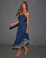 Perry Asymmetrical Raw Hem Denim Midi Dress