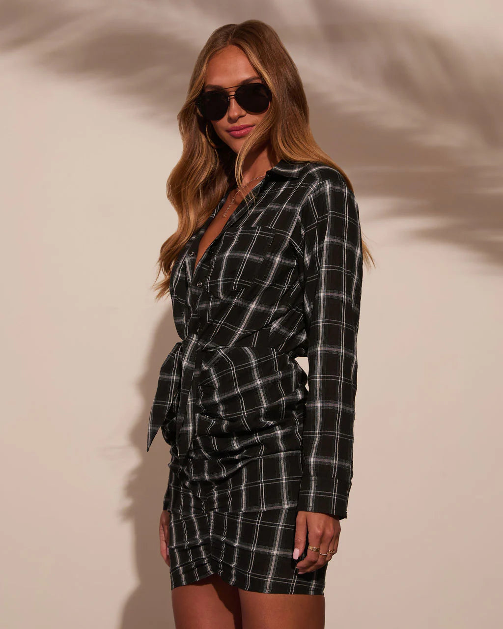 Archie Cotton Ruched Plaid Shirt Dress