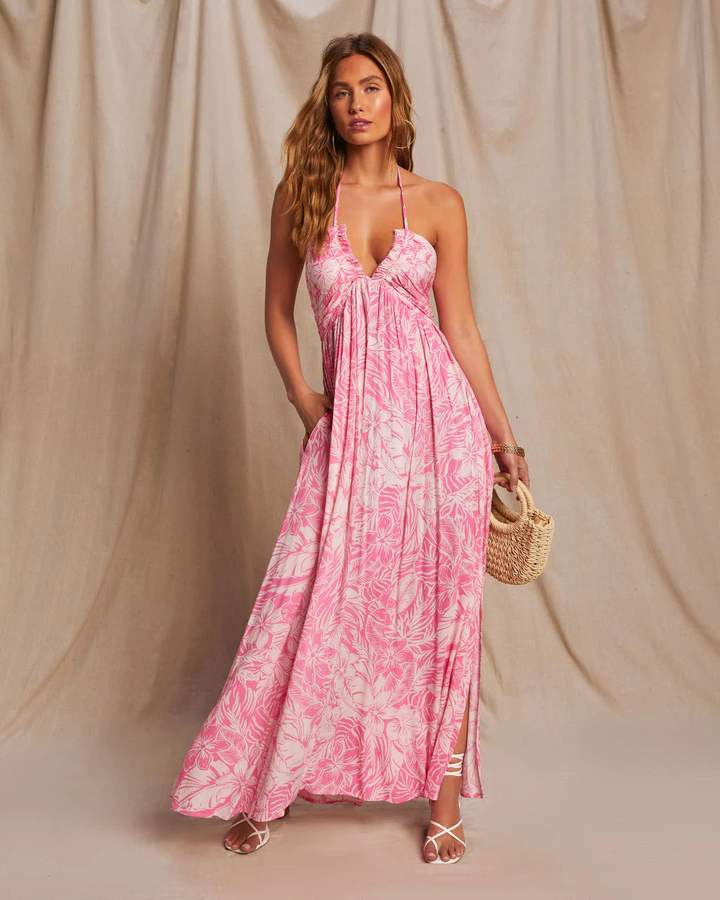 Honolulu Halter Tropical Print Maxi Dress