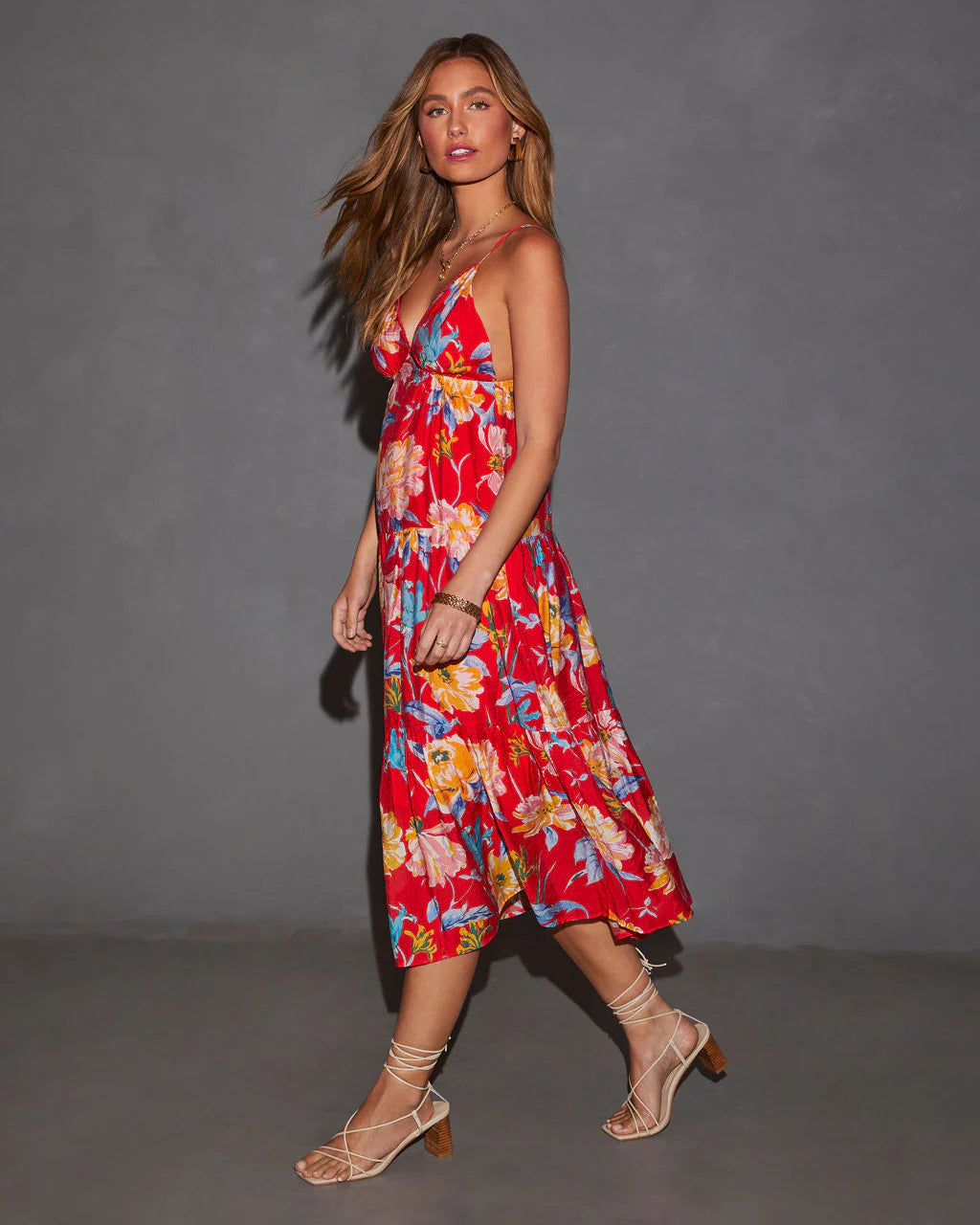 Cynthia Floral V-Neck Tiered Midi Dress