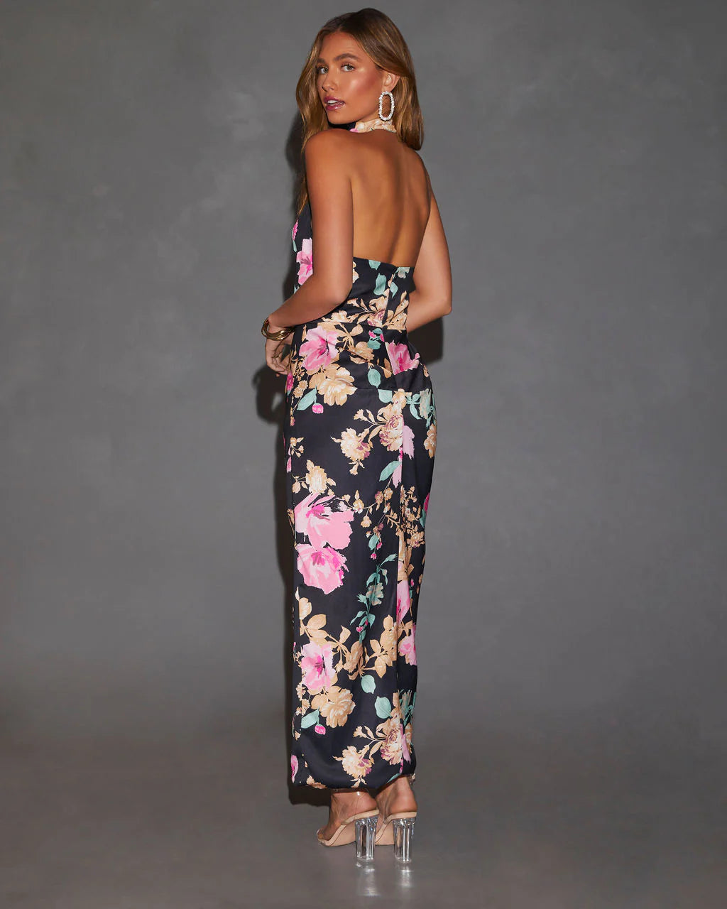 Jaelyn Halter Neck Floral Satin Midi Dress