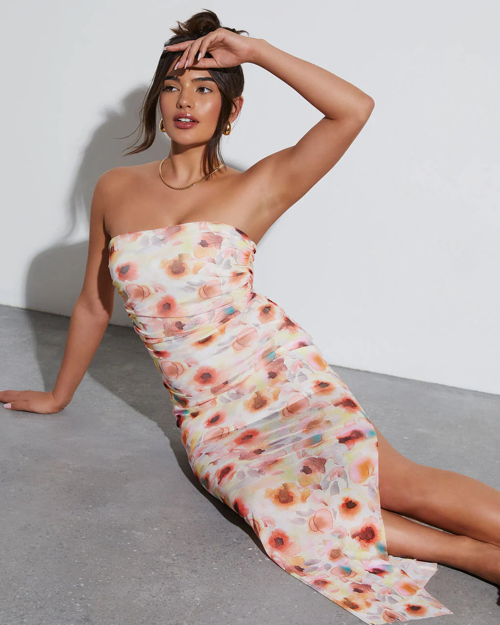 Spring Picnic Strapless Bodycon Midi Dress