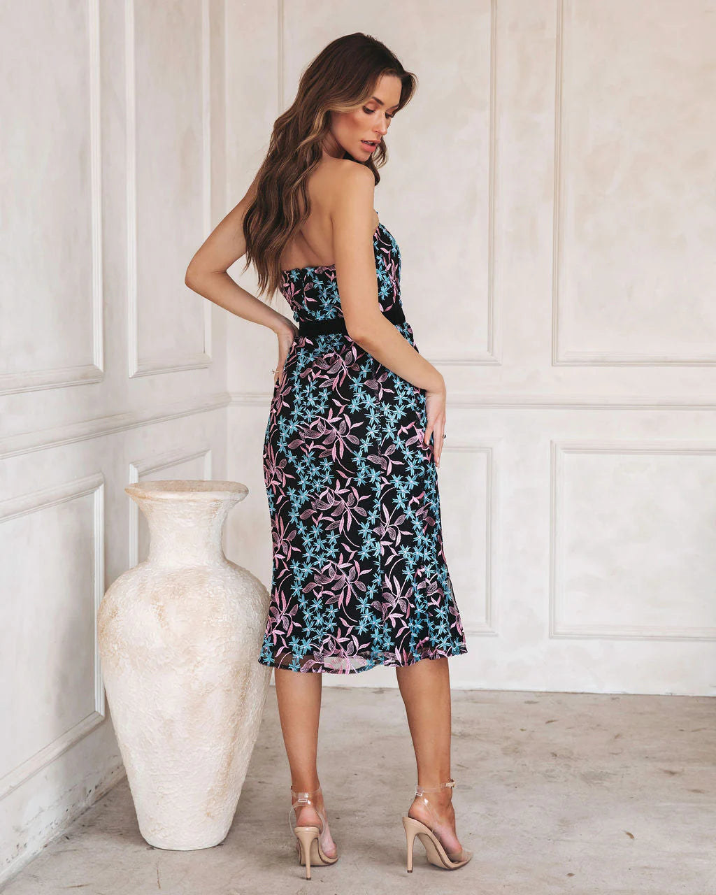 Midnight Paradise Strapless Floral Embroidered Midi Dress