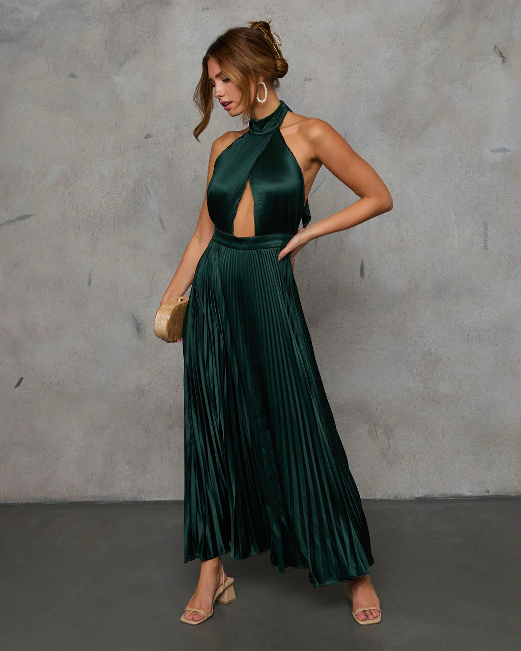 Mariena Halter Neck Pleated Satin Maxi Dress