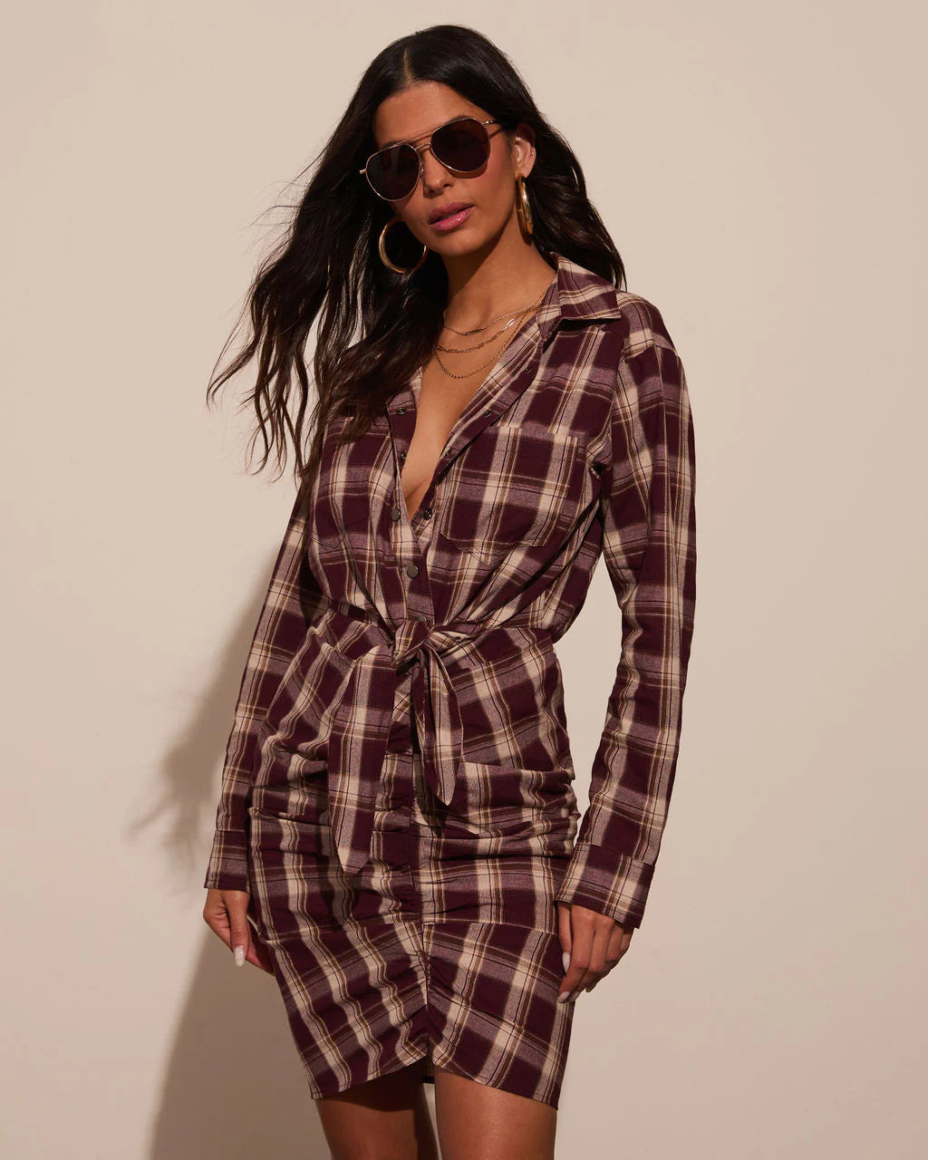 Archie Cotton Ruched Plaid Shirt Dress