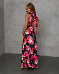 Liliana Floral Halter Satin Maxi Dress