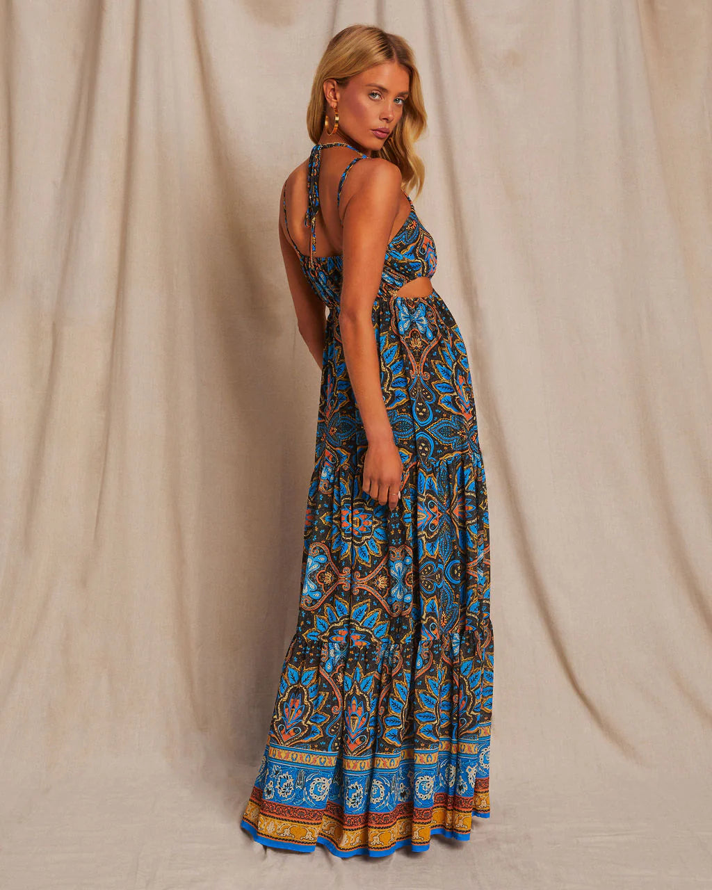 Island Escape Printed Cutout Halter Maxi Dress