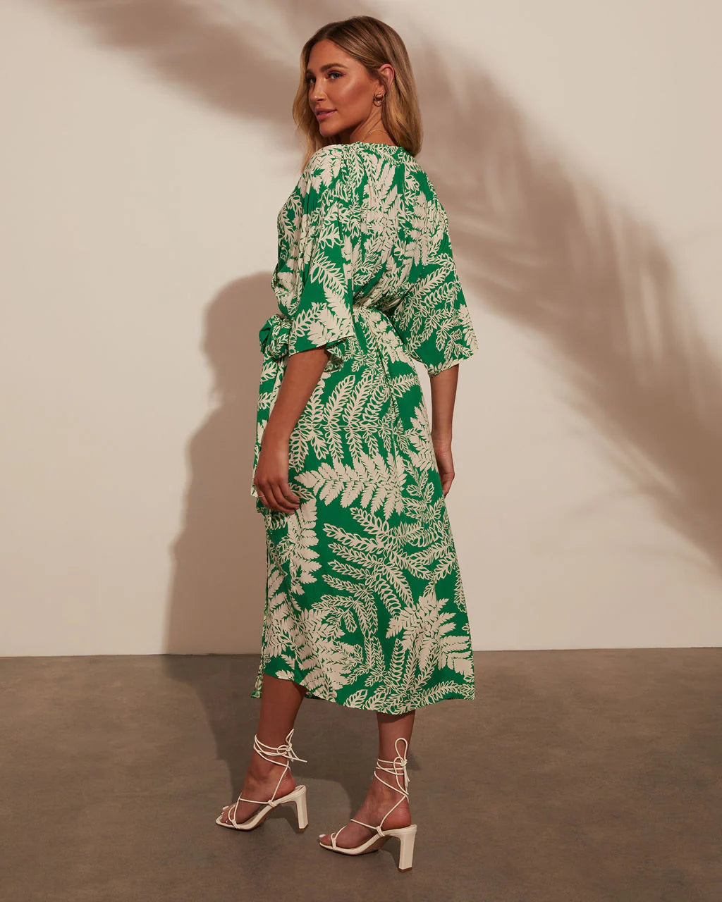 Nalini Kimono Sleeve Wrap Printed Midi Dress