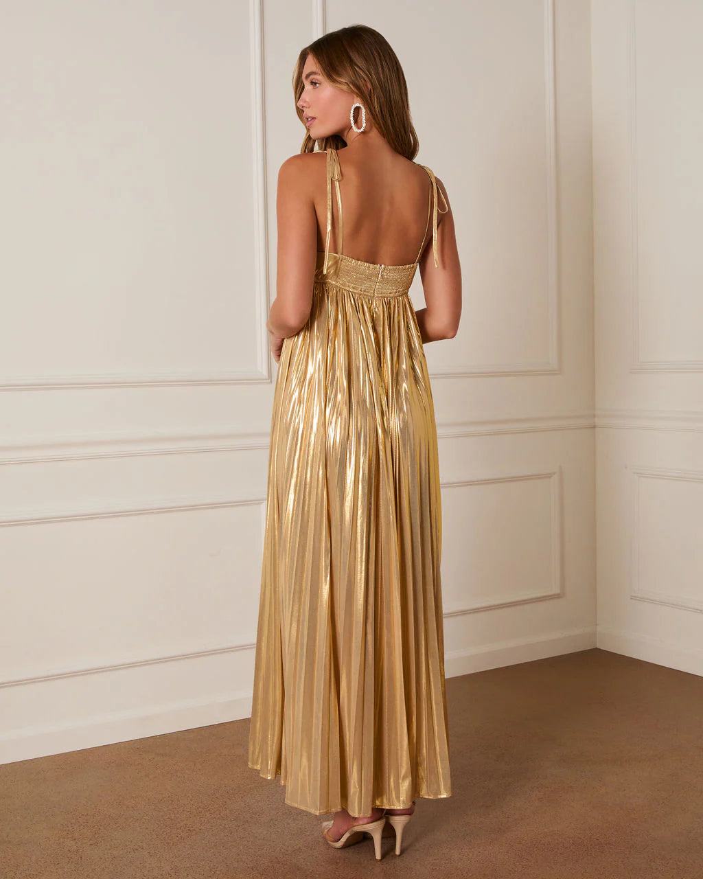 Night Glow Pleated Metallic Maxi Dress