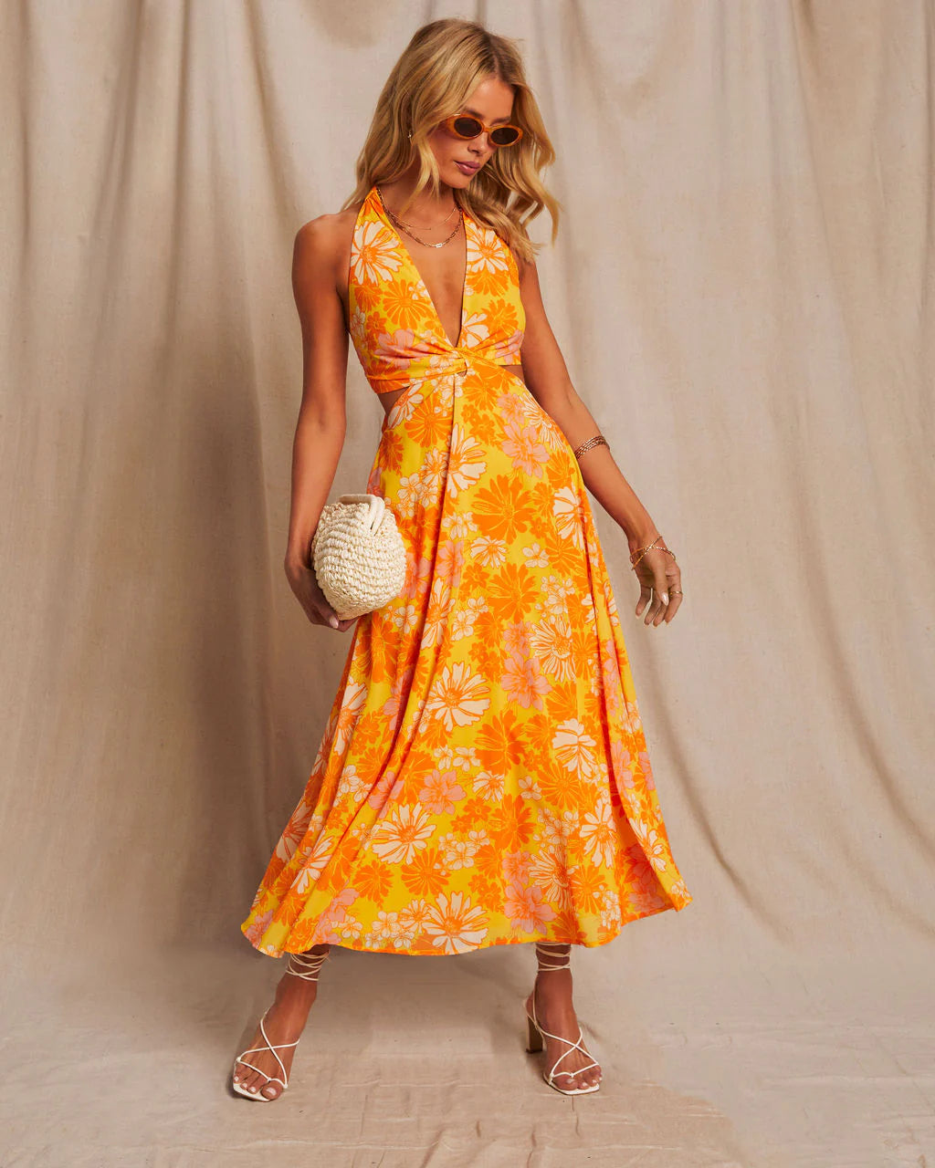 Newport Printed Halter Neck Cutout Midi Dress