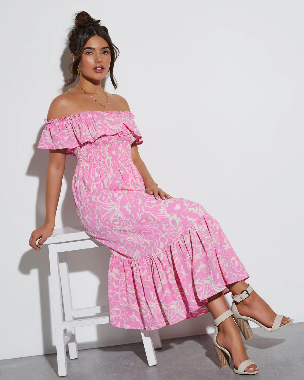 Levana Printed Off The Shoulder Midi Dress