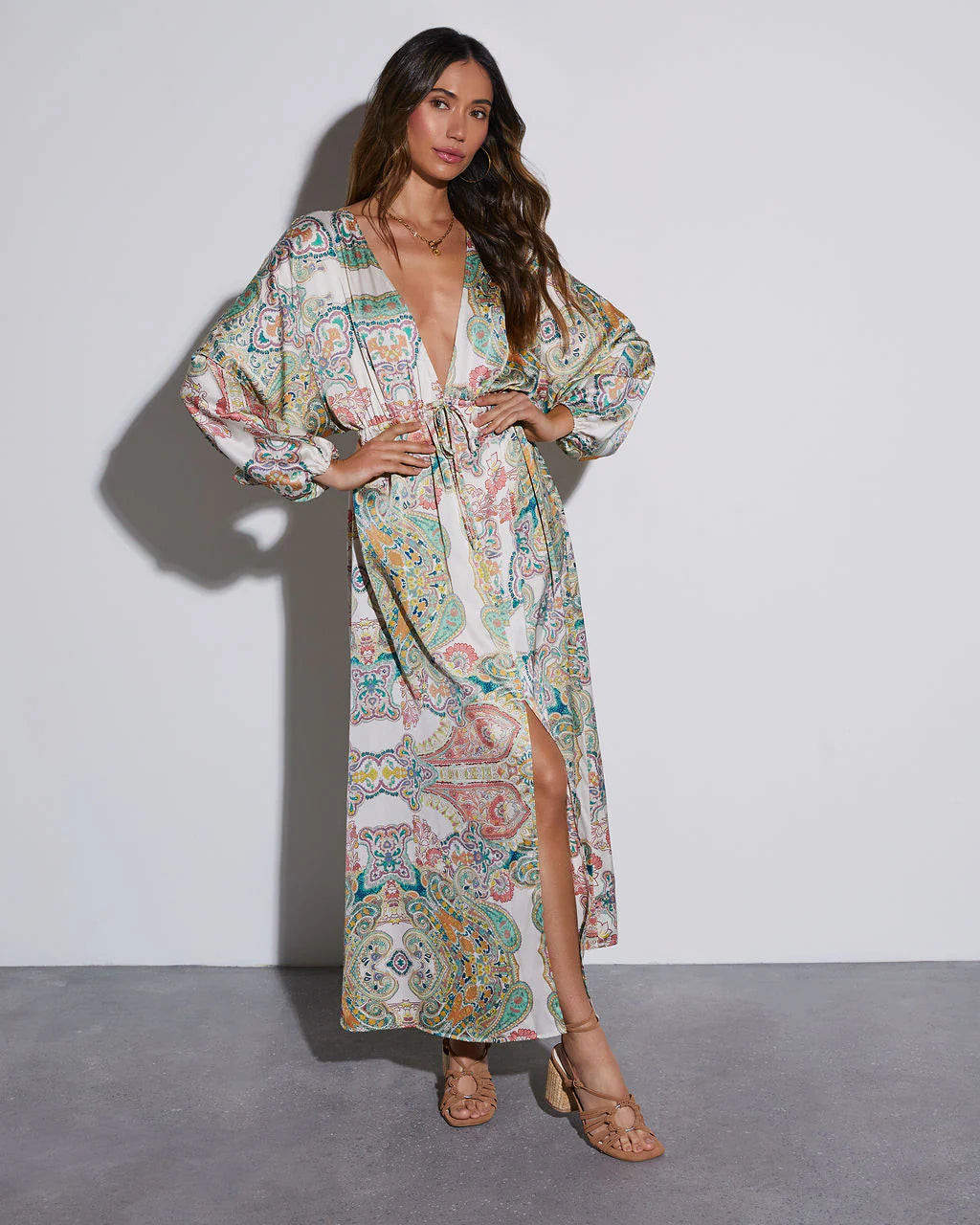 Korina Satin Printed Kimono Empire Waist Maxi Dress