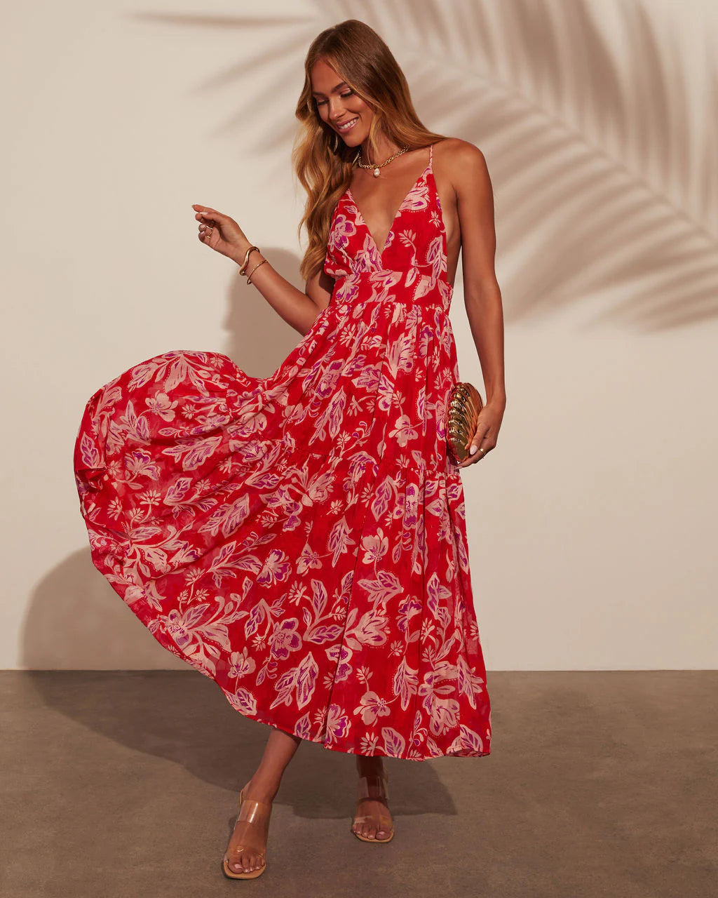 Lisette V-Neck Floral Print Tiered Maxi Dress